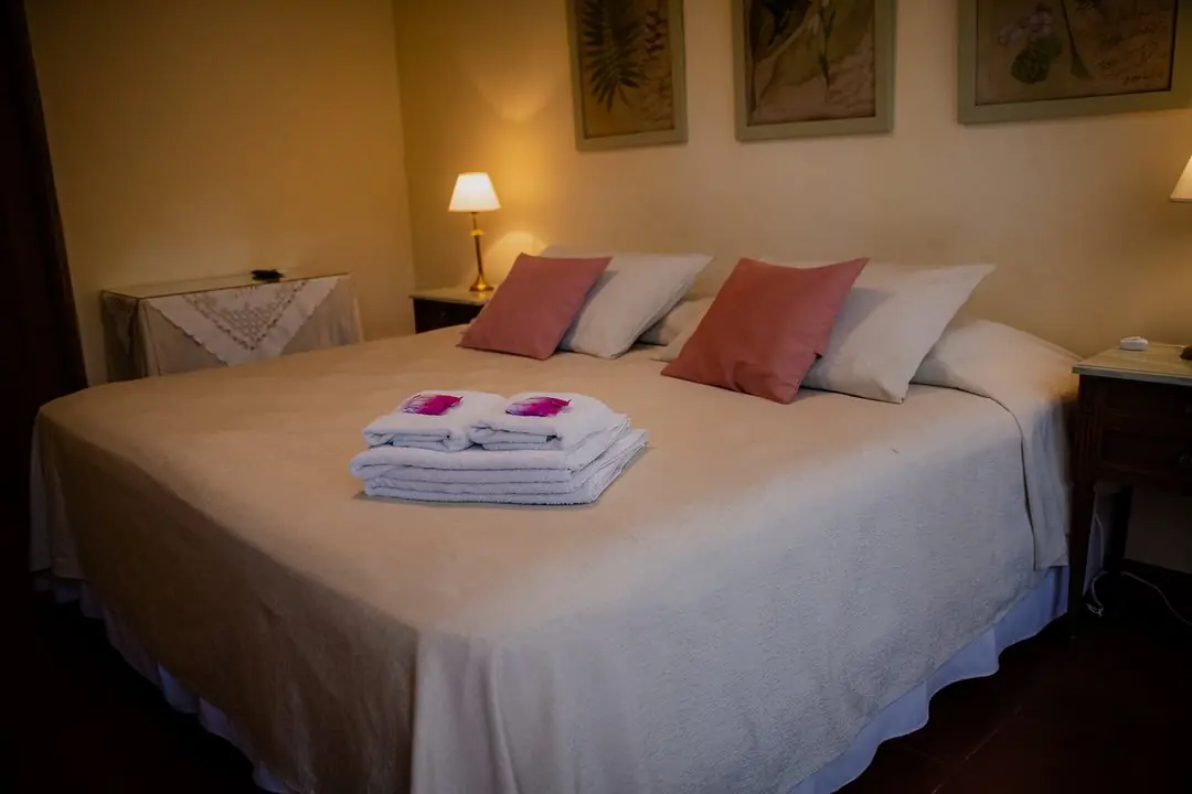 Habitación doble con acolchado blanco y toallas sobre la cama.