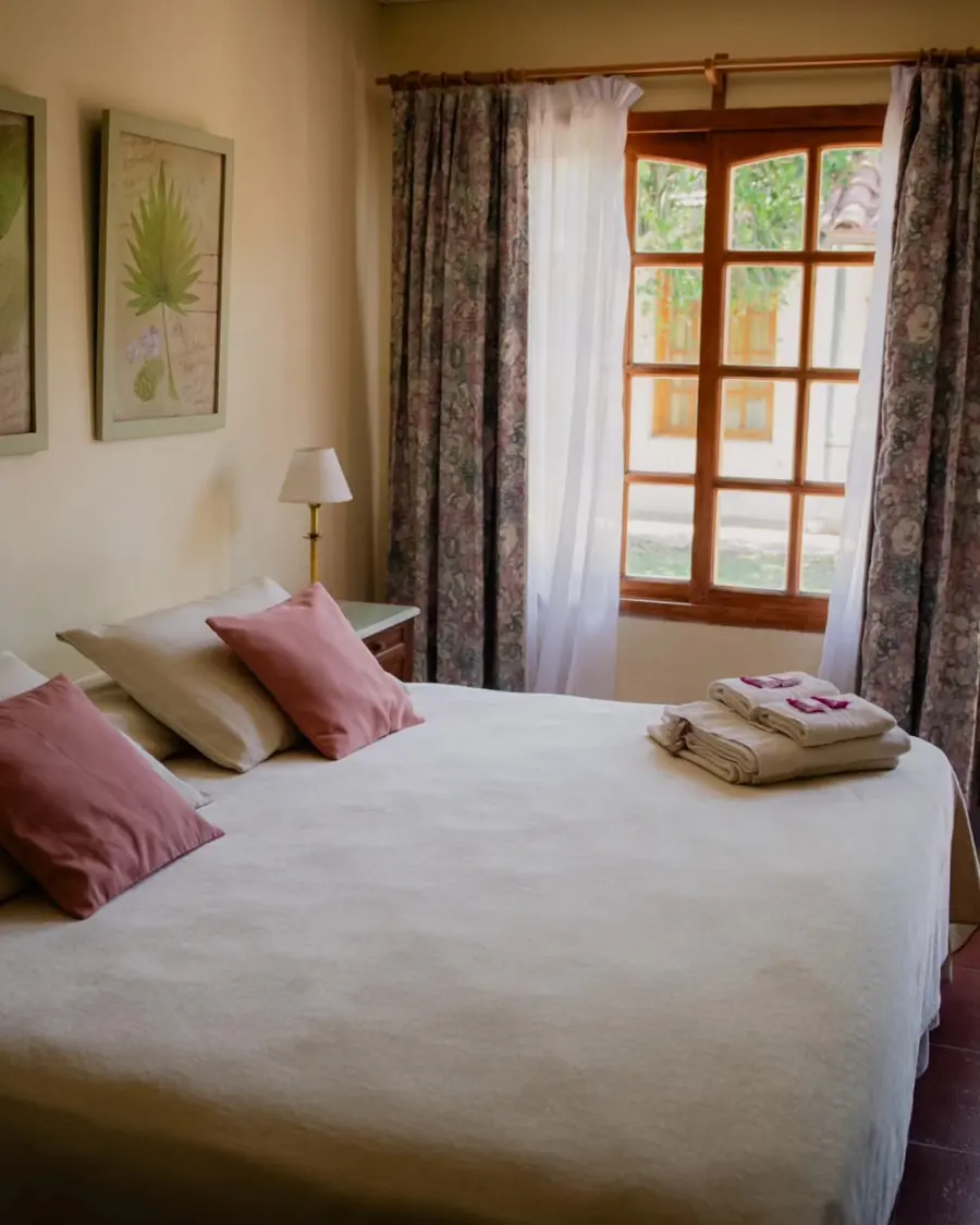 Habitación con cama matrimonial, almohadones rosados y ventana con cortinas.