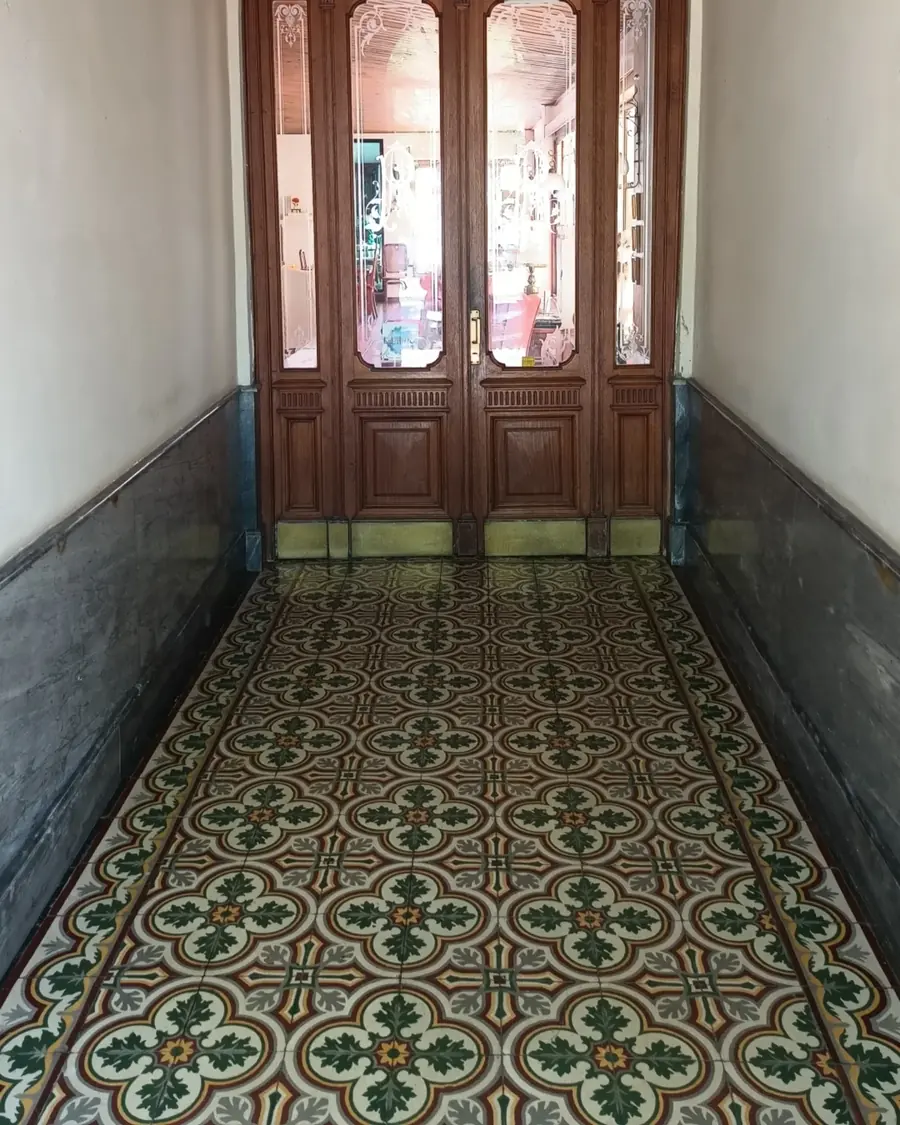 El piso de baldosas belgas del zaguán.